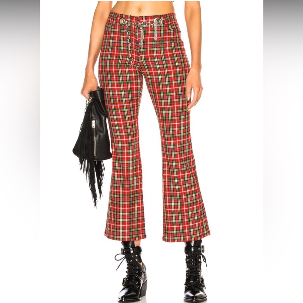 Miaou Morgan Red Tartan Plaid High Rise Cropped Flare Pant W Chain Belt Size 25 - Picture 4 of 9